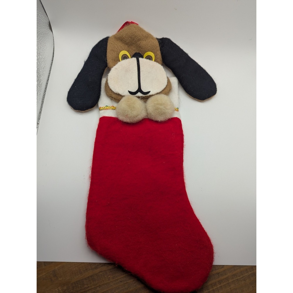 Vintage Brown Dog Puppy Classic Red Christmas Stocking Felt 17" 1980s